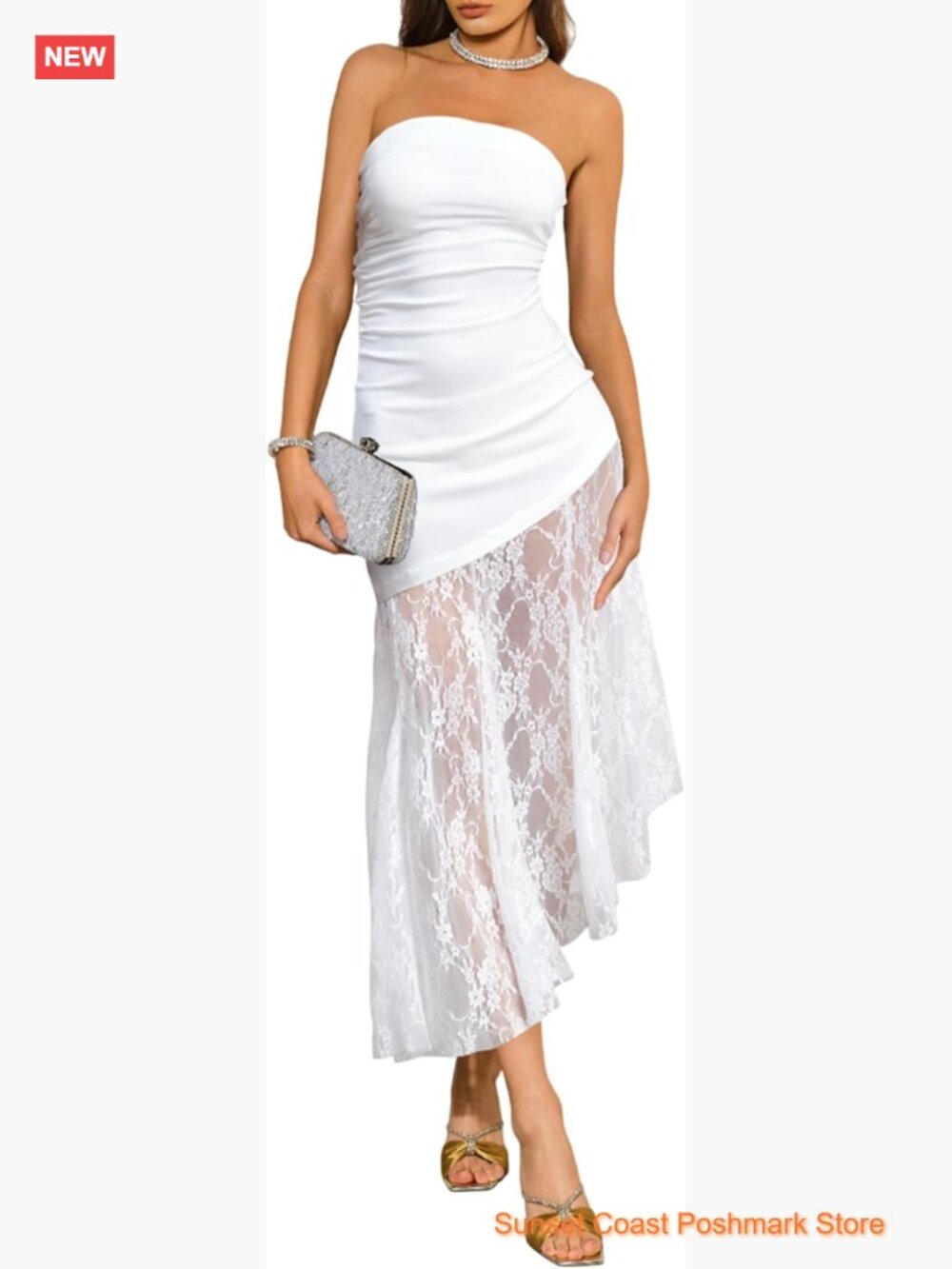 Women's Bandeau Strapless Maxi Dress Sheer Lace Hem Bodycon Cocktail Prom